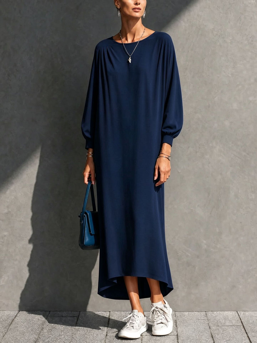 Loose-fitting Pleated Batwing-sleeve Dress for Effortless Style