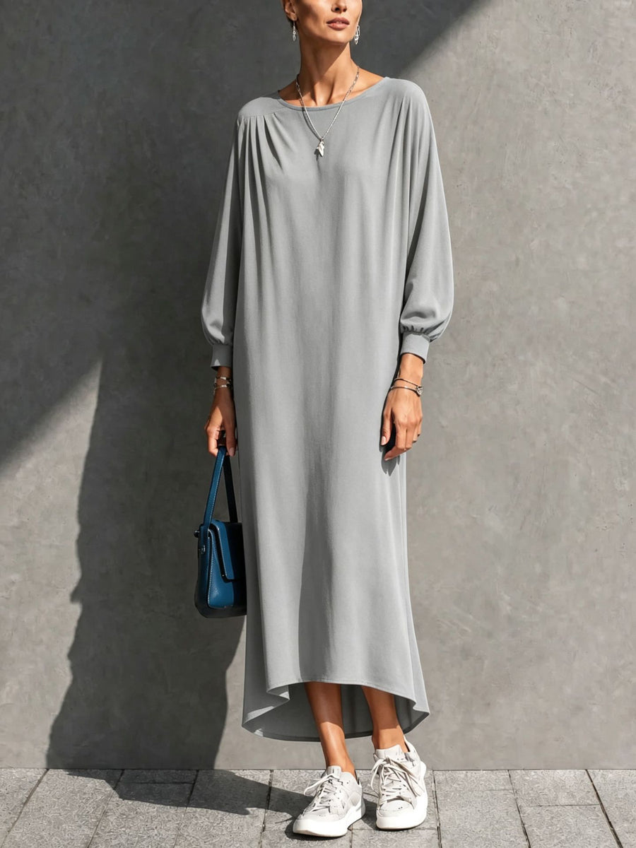 Loose-fitting Pleated Batwing-sleeve Dress for Effortless Style