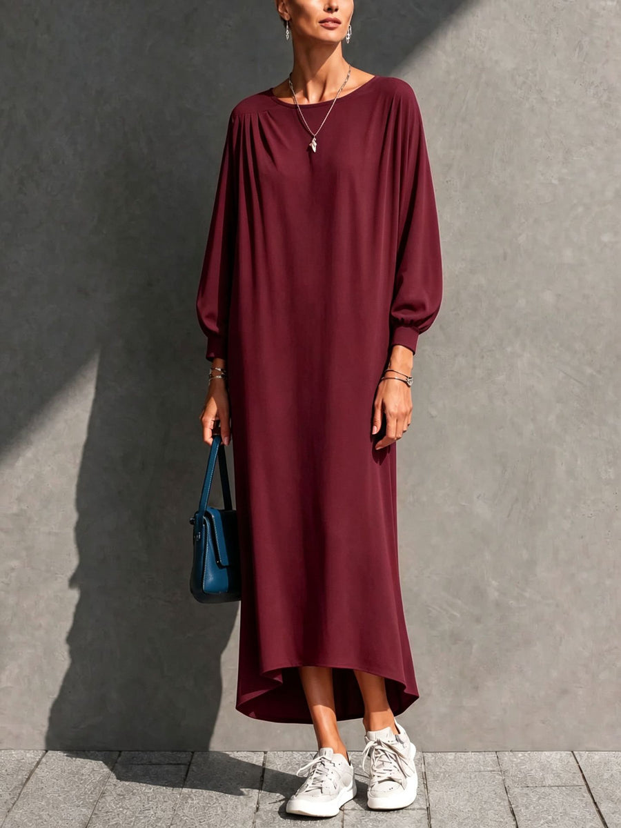 Loose-fitting Pleated Batwing-sleeve Dress for Effortless Style