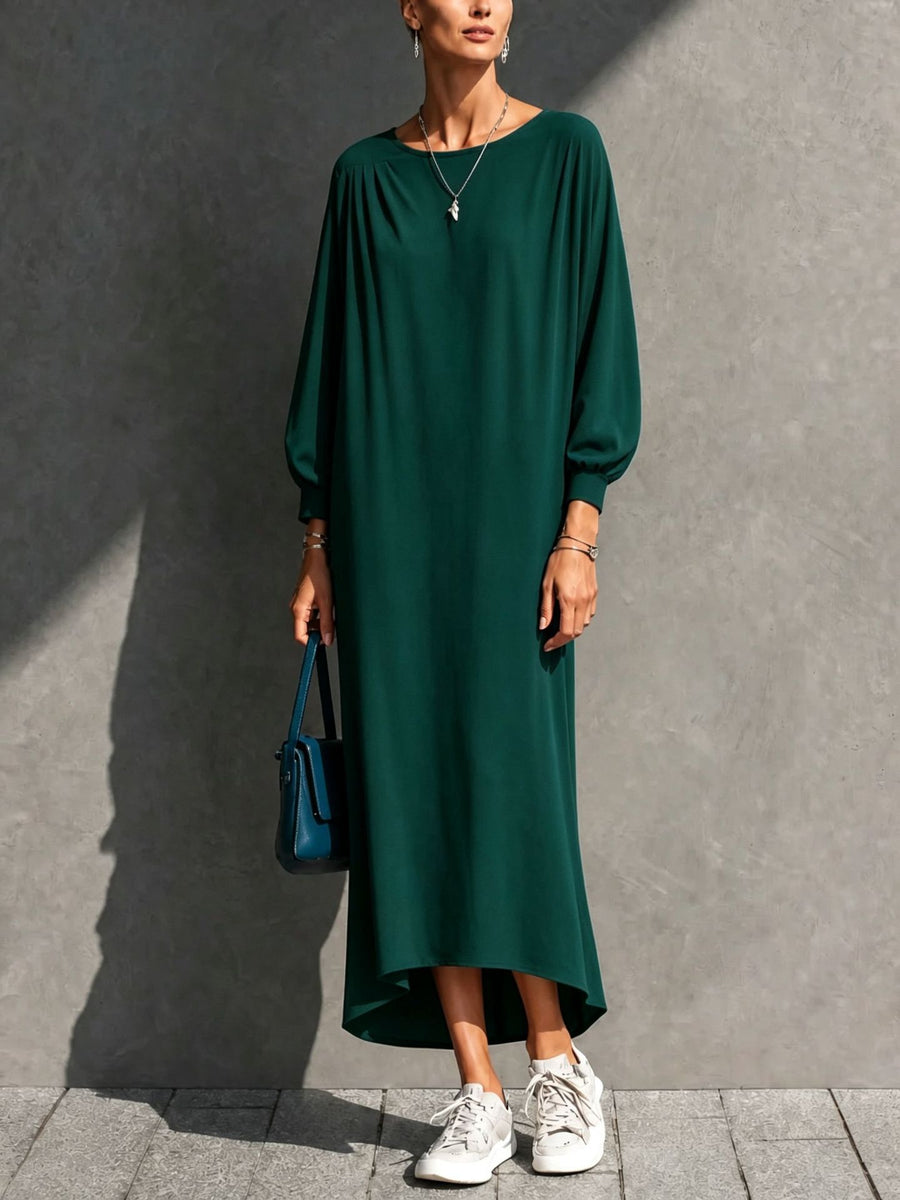 Loose-fitting Pleated Batwing-sleeve Dress for Effortless Style