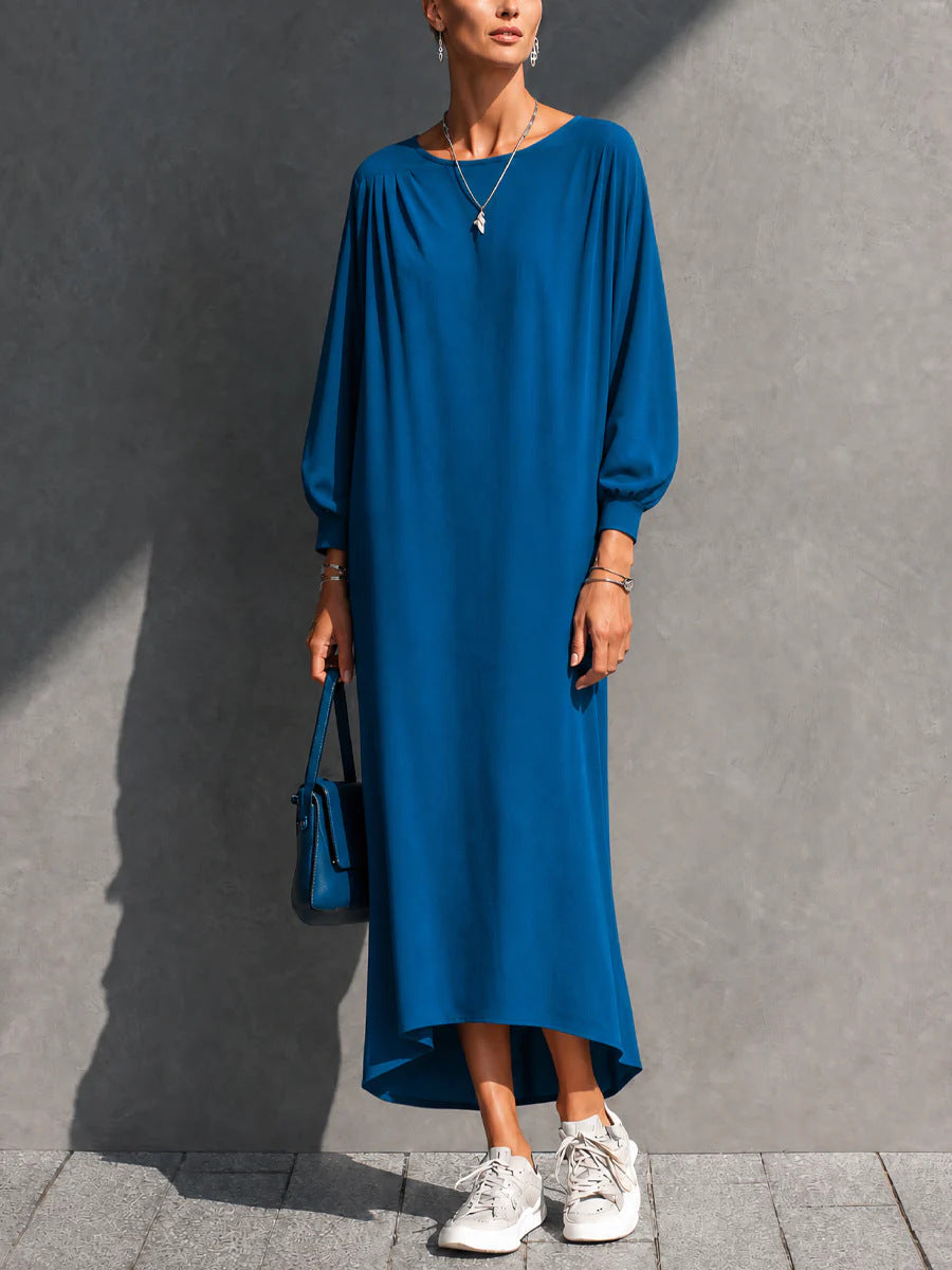 Loose-fitting Pleated Batwing-sleeve Dress for Effortless Style