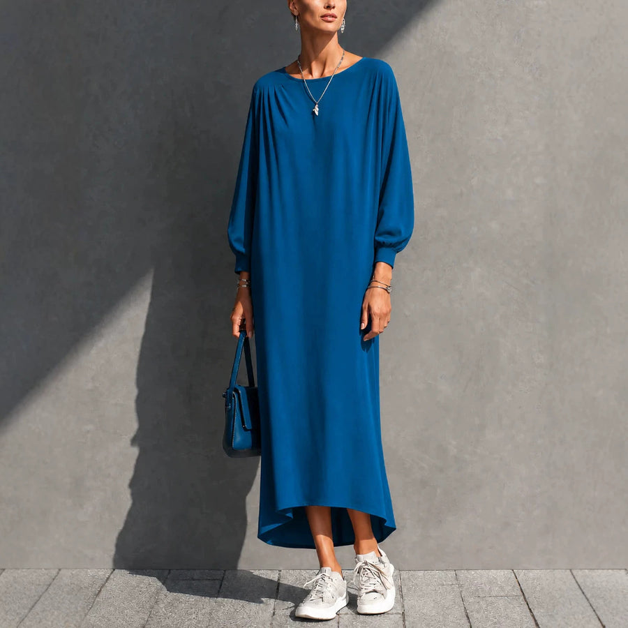 Loose-fitting Pleated Batwing-sleeve Dress for Effortless Style