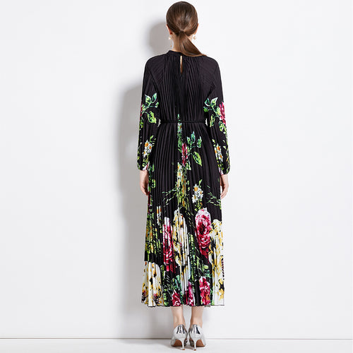 Printed Lantern Sleeve Pleated Tassel Belt Maxi Dress