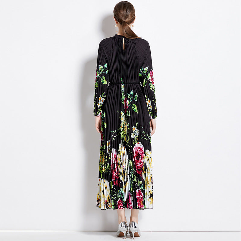 Printed Lantern Sleeve Pleated Tassel Belt Maxi Dress