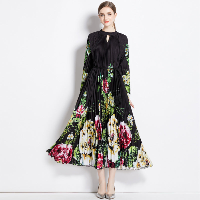 Printed Lantern Sleeve Pleated Tassel Belt Maxi Dress