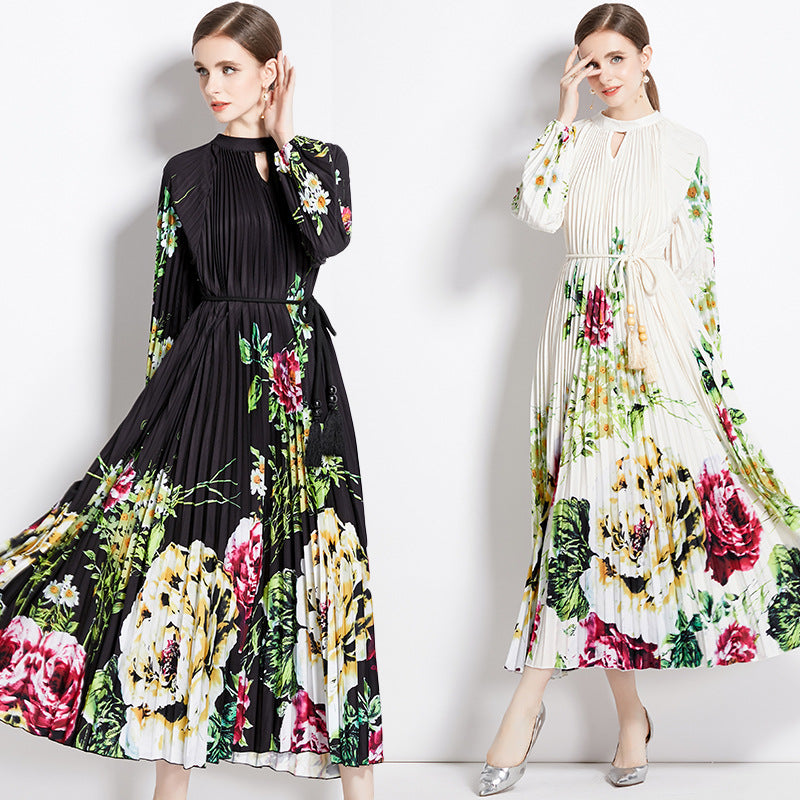 Printed Lantern Sleeve Pleated Tassel Belt Maxi Dress
