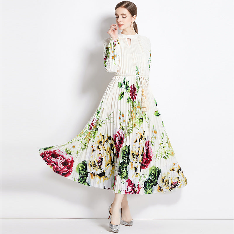 Printed Lantern Sleeve Pleated Tassel Belt Maxi Dress
