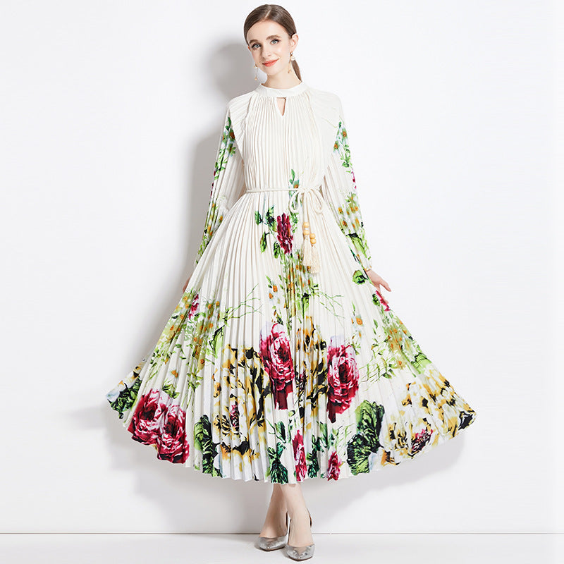 Printed Lantern Sleeve Pleated Tassel Belt Maxi Dress