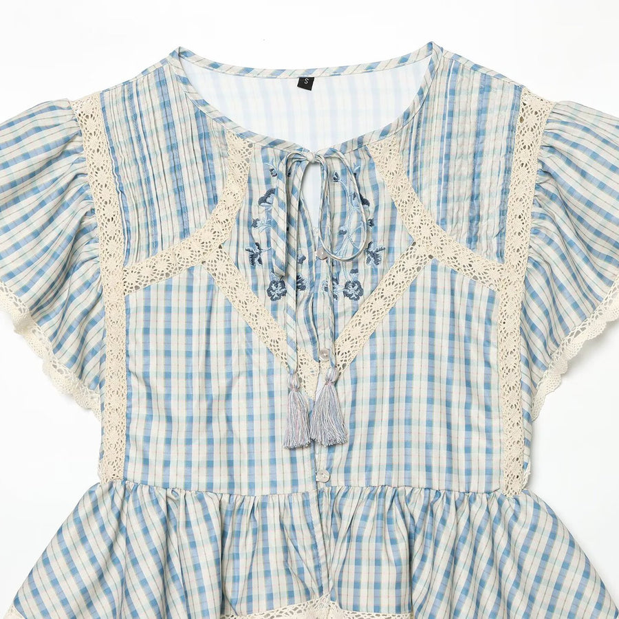 Womens Summer Round-Neck Plaid Embroidered Tank Top
