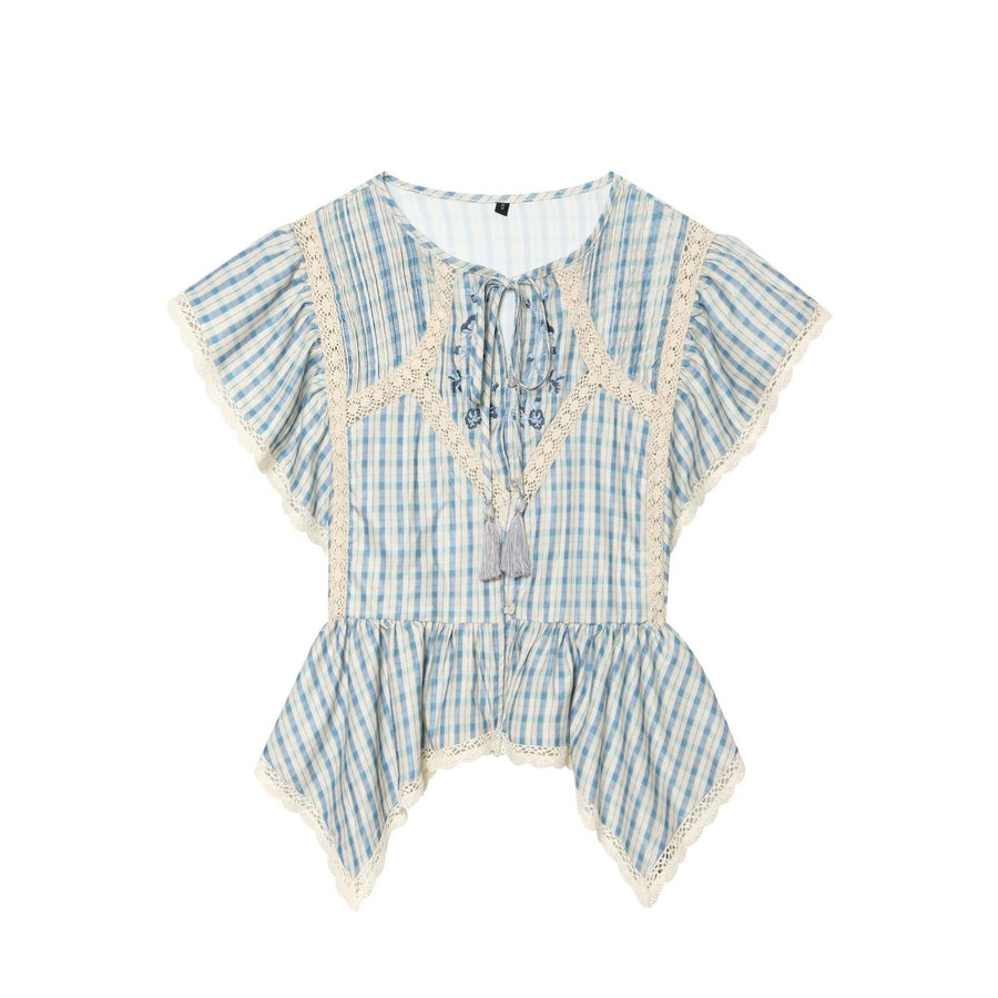 Womens Summer Round-Neck Plaid Embroidered Tank Top