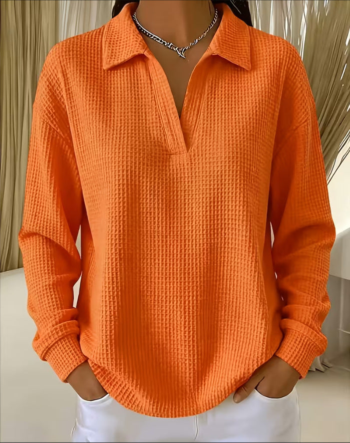 V-neck Waffle-knit Long-sleeve Plus-size Women's Top
