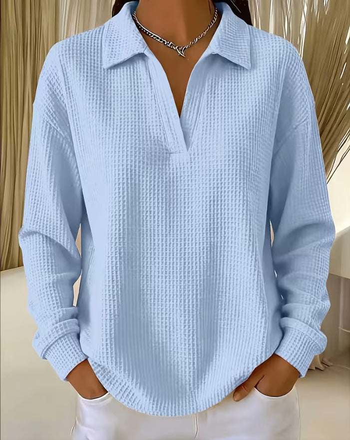 V-neck Waffle-knit Long-sleeve Plus-size Women's Top