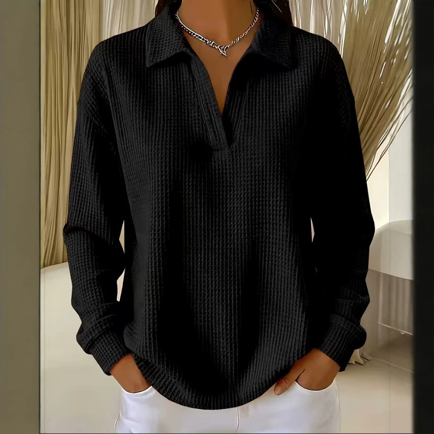 V-neck Waffle-knit Long-sleeve Plus-size Women's Top