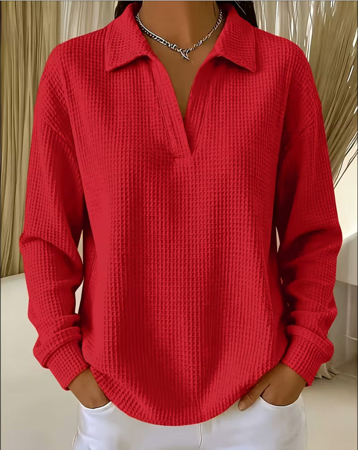V-neck Waffle-knit Long-sleeve Plus-size Women's Top