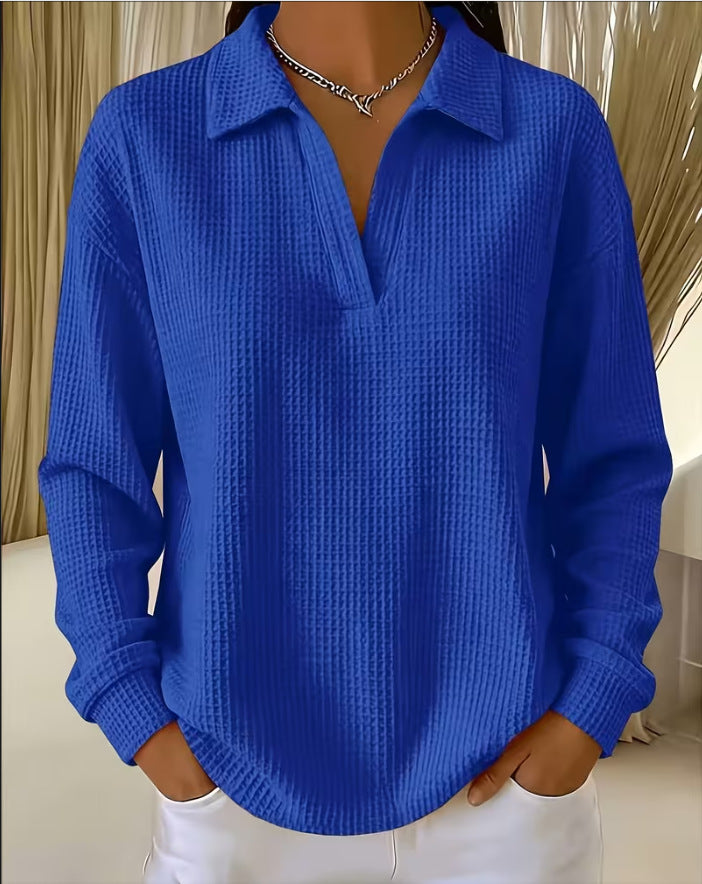 V-neck Waffle-knit Long-sleeve Plus-size Women's Top
