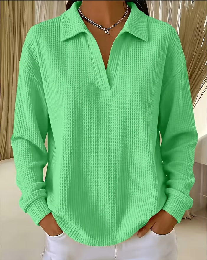 V-neck Waffle-knit Long-sleeve Plus-size Women's Top