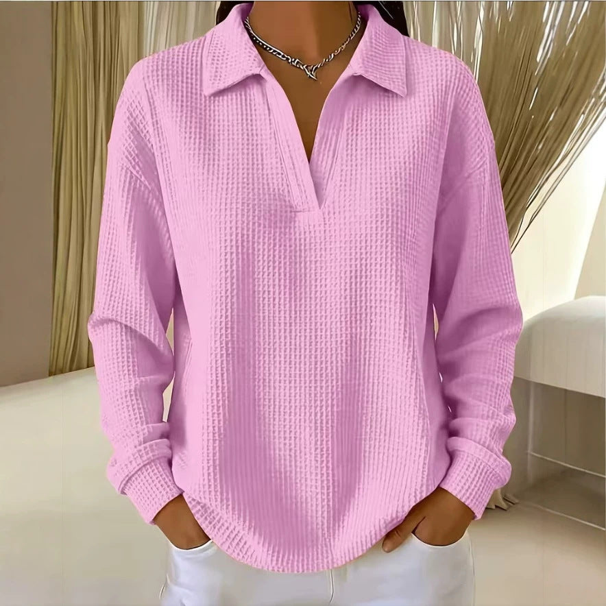 V-neck Waffle-knit Long-sleeve Plus-size Women's Top