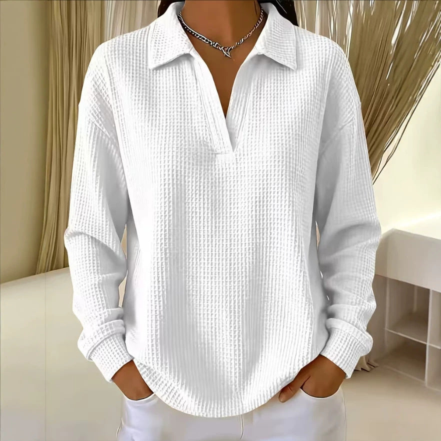 V-neck Waffle-knit Long-sleeve Plus-size Women's Top