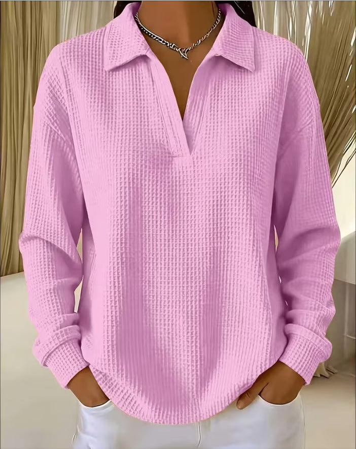 V-neck Waffle-knit Long-sleeve Plus-size Women's Top