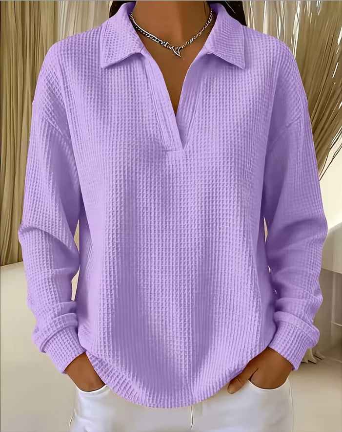 V-neck Waffle-knit Long-sleeve Plus-size Women's Top