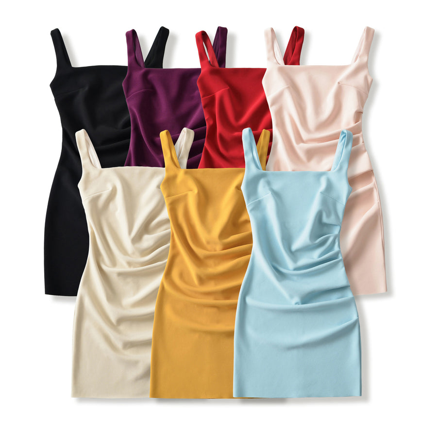 Womens Summer Solid-Color Square-Neck Bodycon Dress