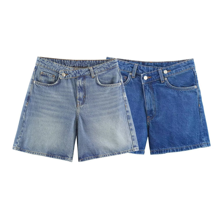 Womens Summer Double-Breasted High-Waist Denim Shorts