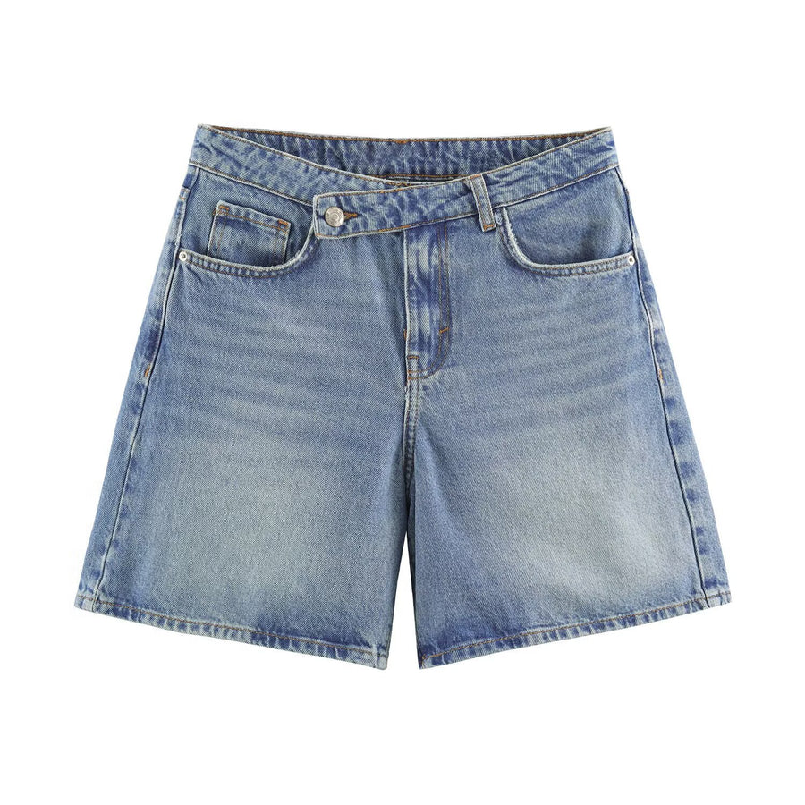 Womens Summer Double-Breasted High-Waist Denim Shorts