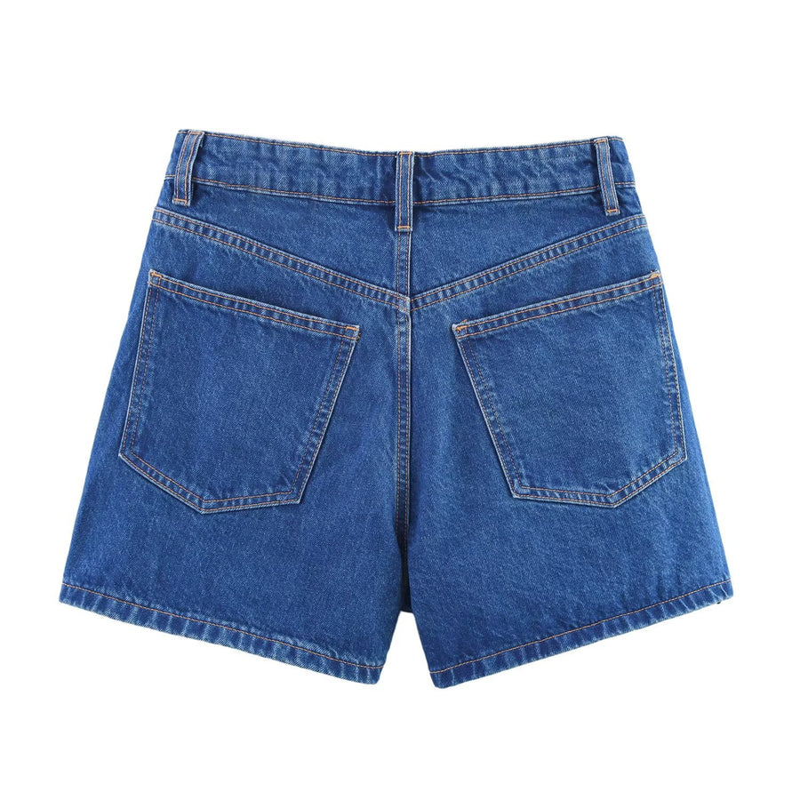 Womens Summer Double-Breasted High-Waist Denim Shorts