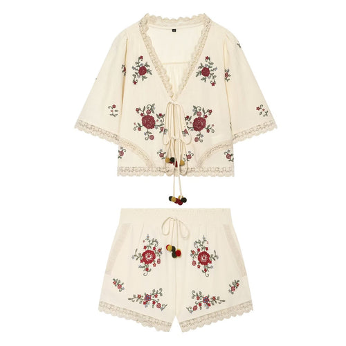 Womens Summer Floral Embroidery Top & Casual Shorts Set