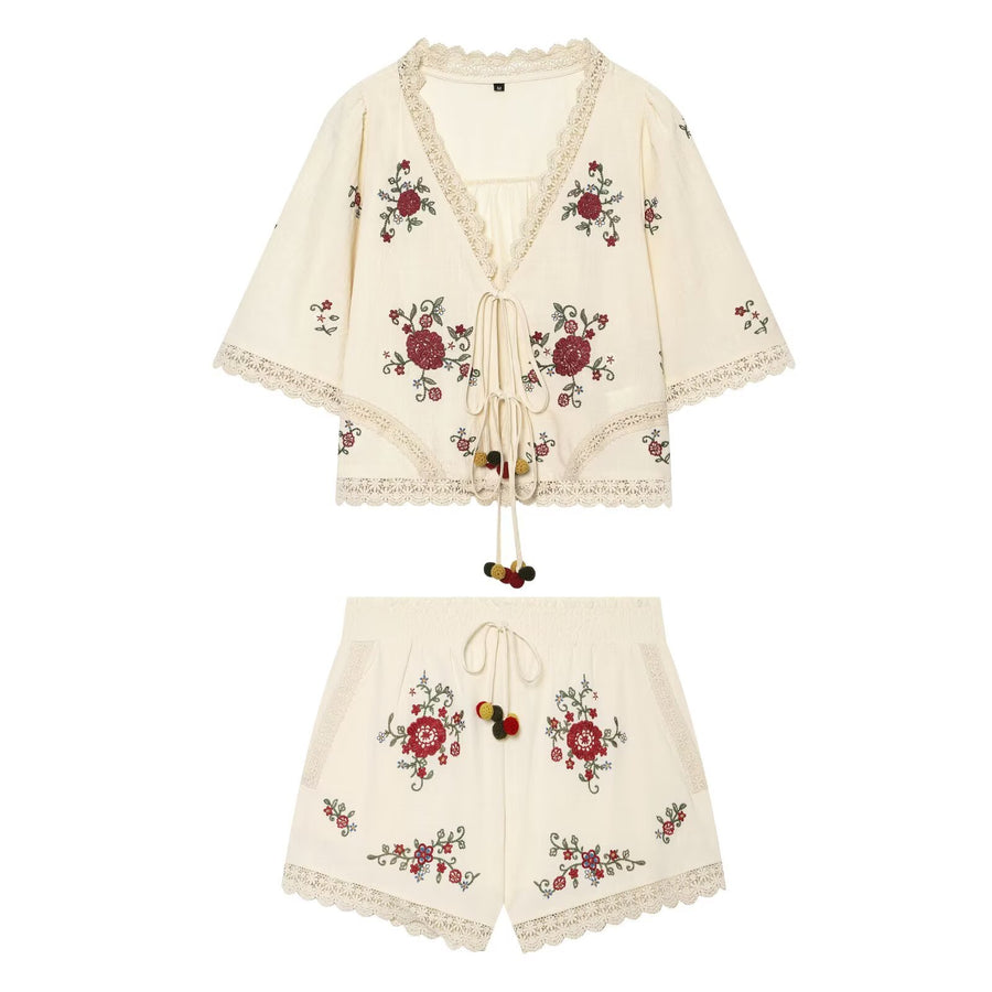 Womens Summer Floral Embroidery Top & Casual Shorts Set