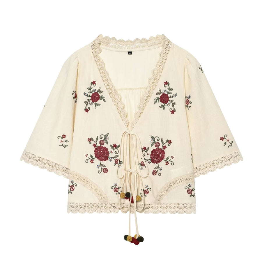 Womens Summer Floral Embroidery Top & Casual Shorts Set