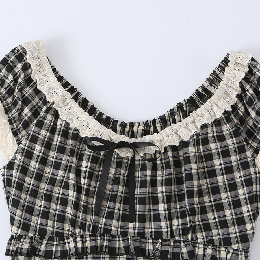 French-style Vintage Plaid Top with Ruffled Trim