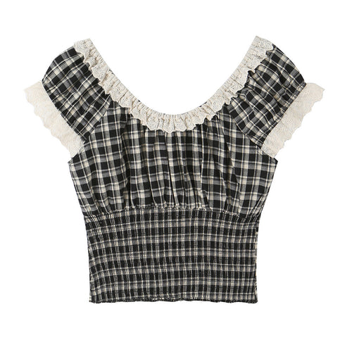 French-style Vintage Plaid Top with Ruffled Trim