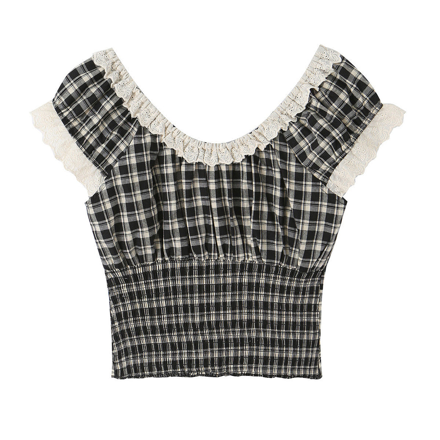 French-style Vintage Plaid Top with Ruffled Trim