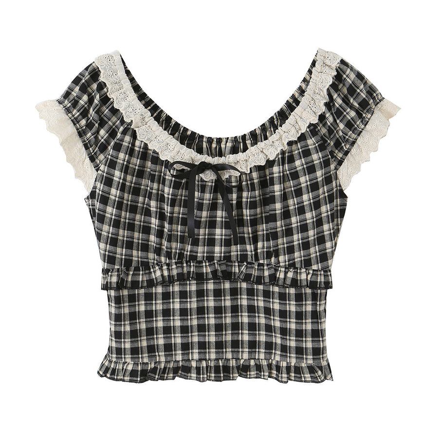 French-style Vintage Plaid Top with Ruffled Trim