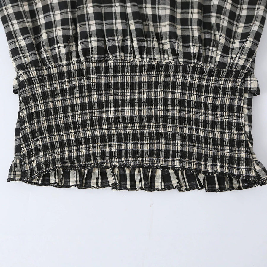 French-style Vintage Plaid Top with Ruffled Trim