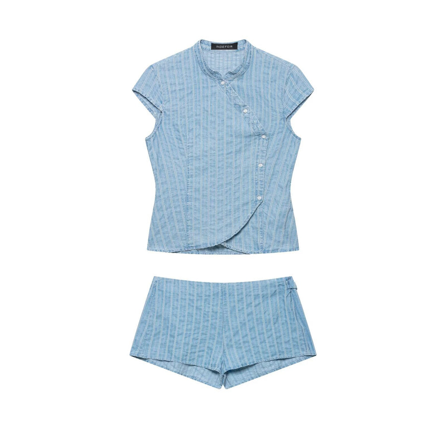 Double-breasted Top Mini Striped Shorts Set - Trendy Outfit