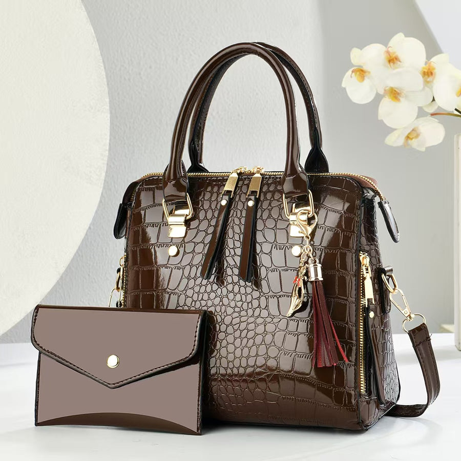 Womens Fashion Crocodile-Print Set of Two Handbag & Crossbody Bag