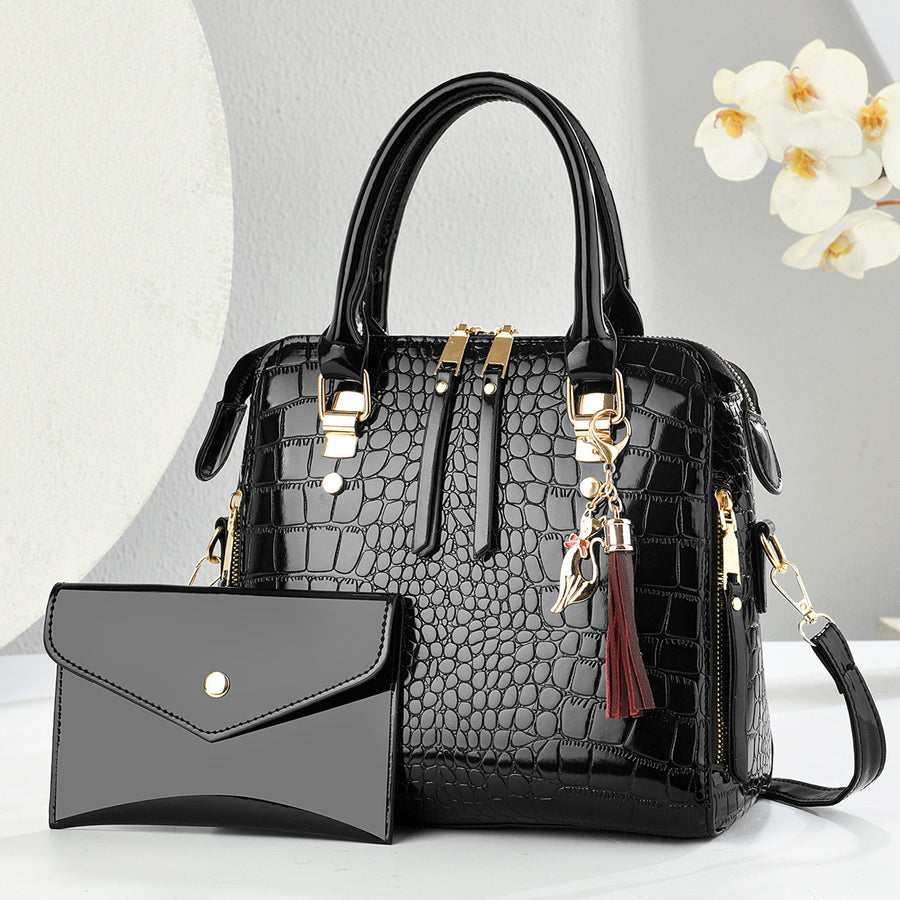 Womens Fashion Crocodile-Print Set of Two Handbag & Crossbody Bag