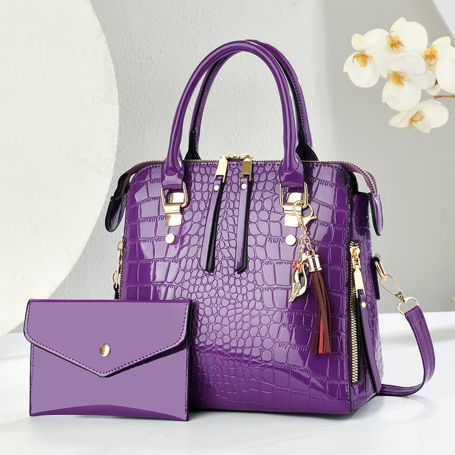 Womens Fashion Crocodile-Print Set of Two Handbag & Crossbody Bag