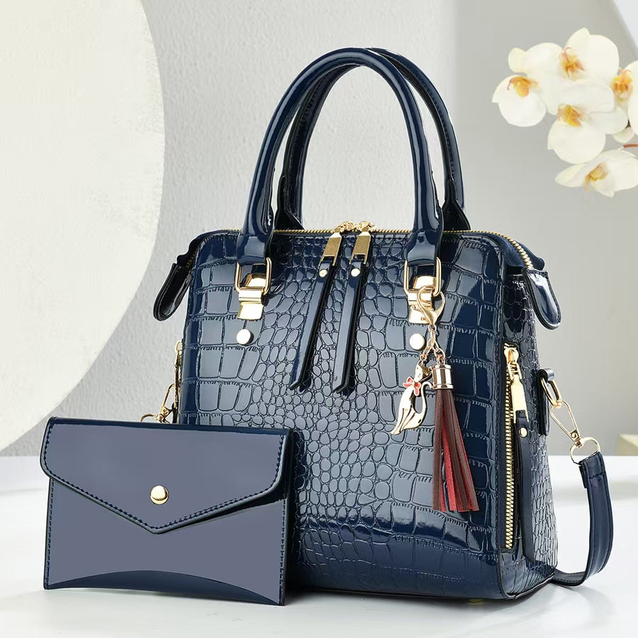 Womens Fashion Crocodile-Print Set of Two Handbag & Crossbody Bag