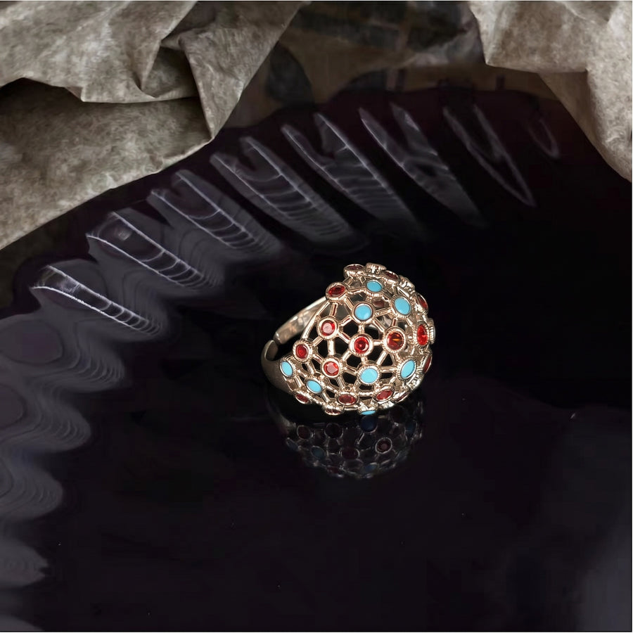 Mid-century Ring with Hollowed-out Sphere & Colorful Dots
