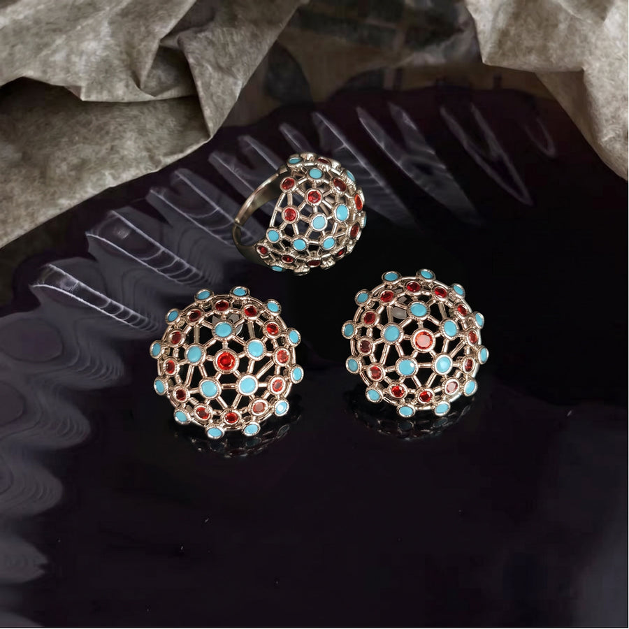 Mid-century Ring with Hollowed-out Sphere & Colorful Dots