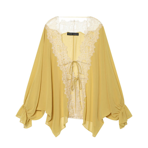 French-style Lightweight Lace-panelled Blouse with Tied Design