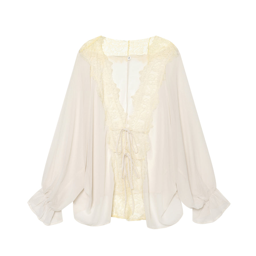 French-style Lightweight Lace-panelled Blouse with Tied Design