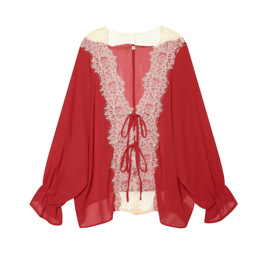 French-style Lightweight Lace-panelled Blouse with Tied Design