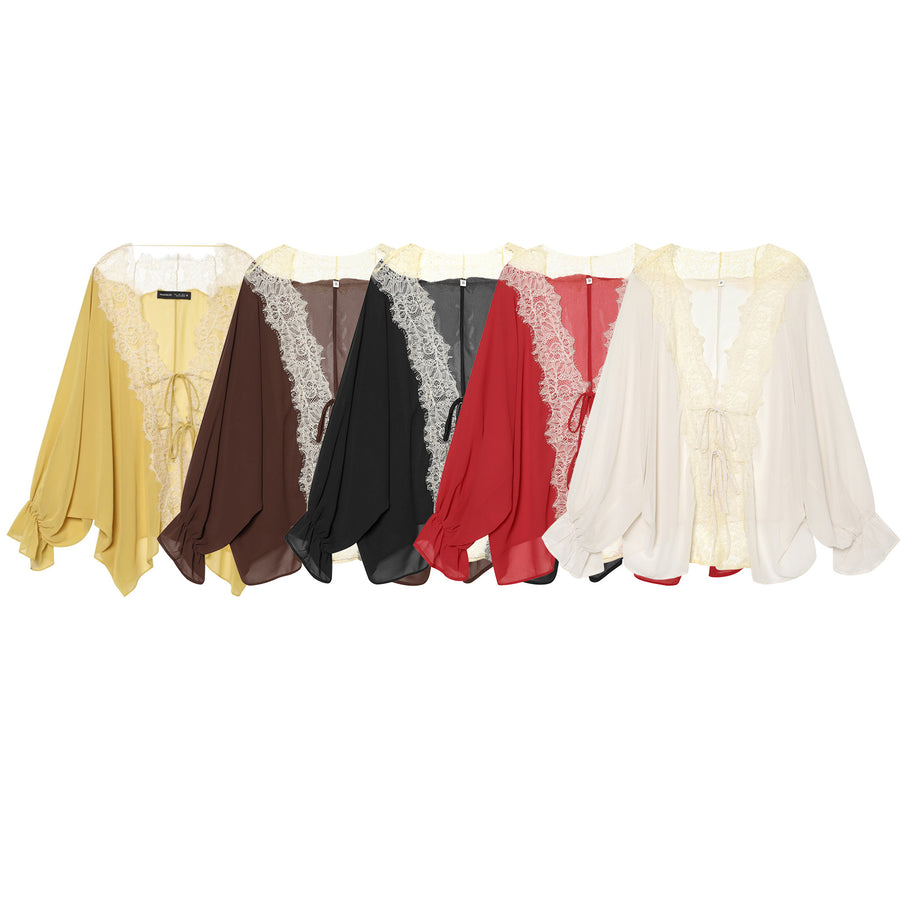 French-style Lightweight Lace-panelled Blouse with Tied Design