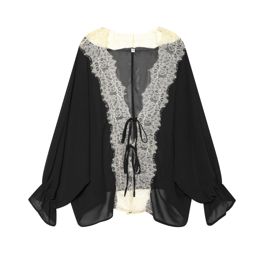 French-style Lightweight Lace-panelled Blouse with Tied Design