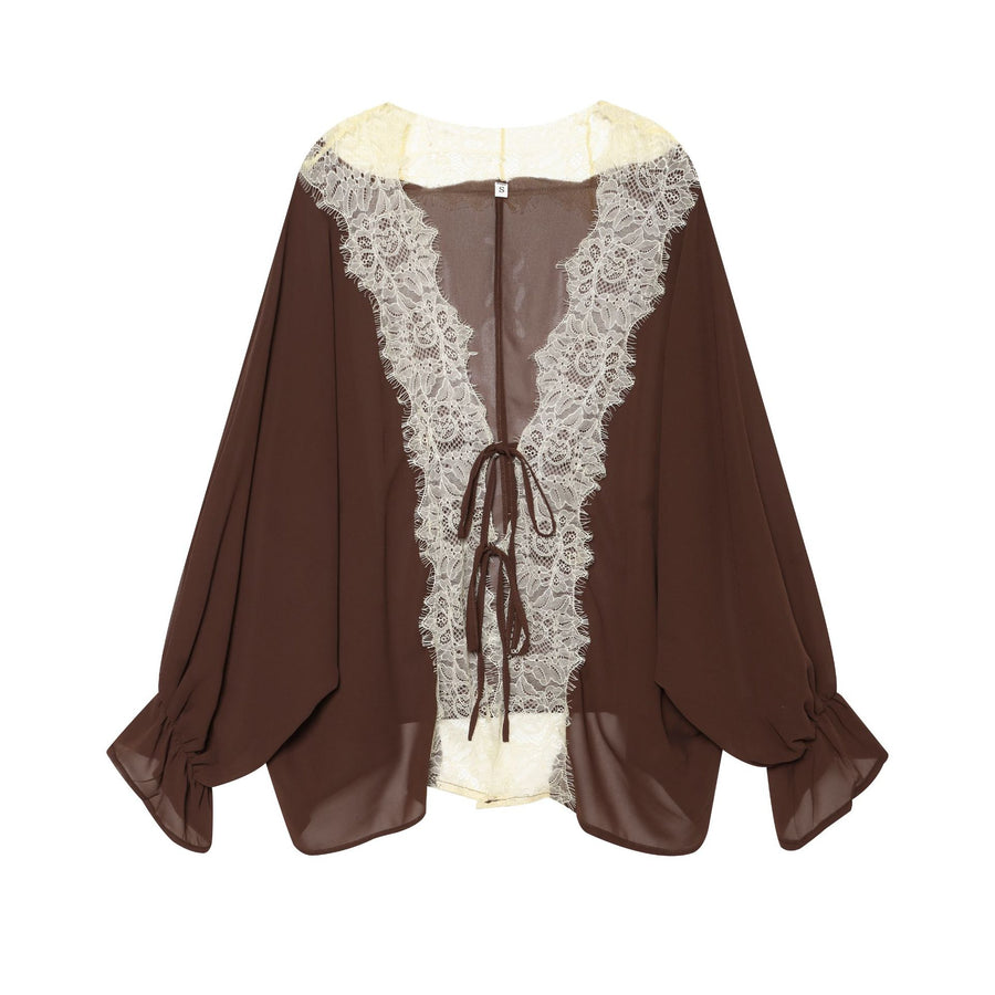 French-style Lightweight Lace-panelled Blouse with Tied Design