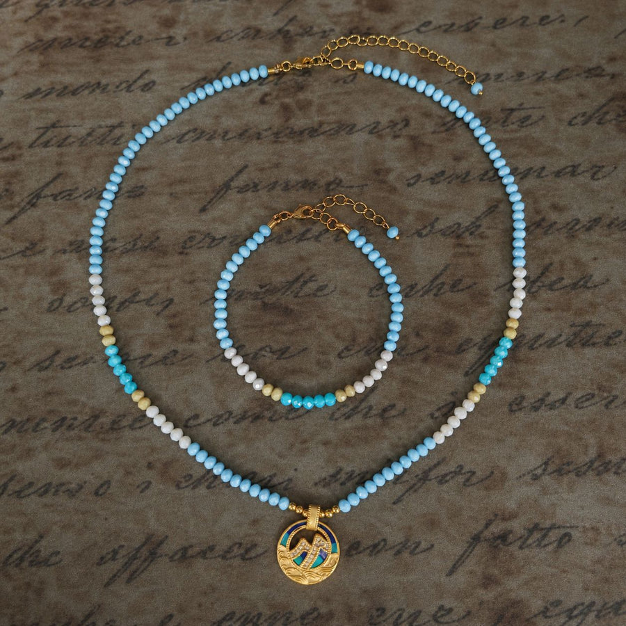 Blue Bead Pearl and Rice-bead Choker Necklace & Bracelet